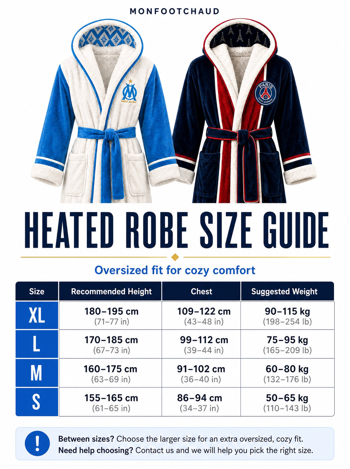 Heated Football Robe size guide - sizes S to XL