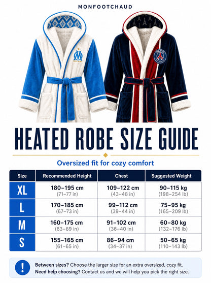 Heated Football Robe size guide - sizes S to XL